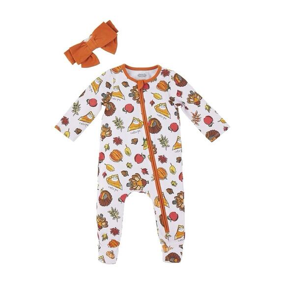 Mud Pie Girl Turkey Print Sleeper - Picture 1 of 6
